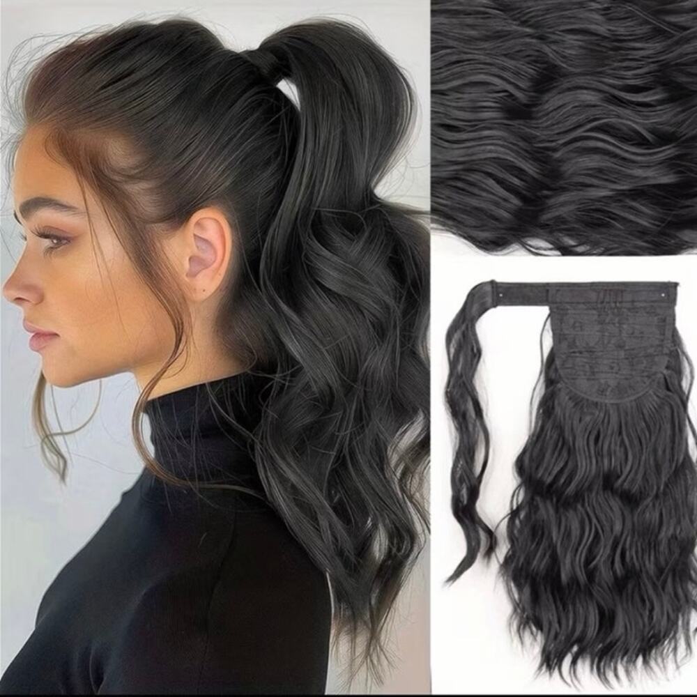 14” synthetic ponytail wavy hair extension black